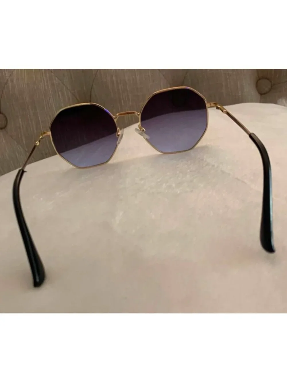 Unisex Octagonal Gold Metal Frame Gradient Black to Blue Lens Sunglasses